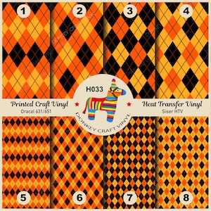 May include: An image showcasing eight diamond patterns in orange, black, and yellow, suitable for craft vinyl and heat transfer applications. The image includes a colourful donkey piñata graphic and the text "H033".