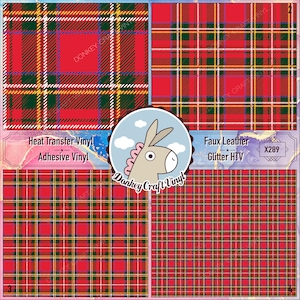 May include: Four red, green, yellow, and white plaid patterns. The top two patterns are labeled "Heat Transfer Vinyl Adhesive Vinyl" and "Faux Leather Glitter HTV X289". The bottom two patterns are numbered 3 and 4.