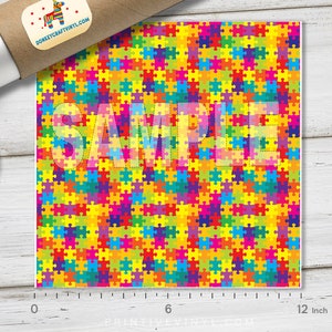 May include: A colorful puzzle piece pattern with a "SAMPLE" watermark. The pattern is made up of small, brightly colored puzzle pieces in shades of red, orange, yellow, green, blue, purple, and pink. The pattern is repeated throughout the image.