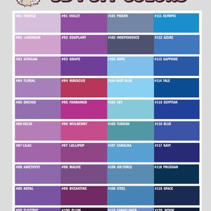 K&ouml;nnte beinhalten: Eine Farbkarte mit 30 verschiedenen Farbt&ouml;nen in Lila, Blau und Rosa. Jede Farbe ist mit einer Nummer und einem Namen gekennzeichnet, z. B. #81 Thistle, #91 Violet, #101 Pigeon und #111 Olympic.