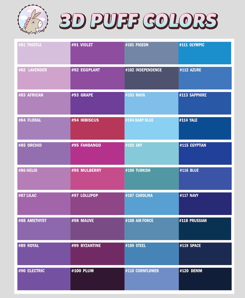K&ouml;nnte beinhalten: Eine Farbkarte mit 30 verschiedenen Farbt&ouml;nen in Lila, Blau und Rosa. Jede Farbe ist mit einer Nummer und einem Namen gekennzeichnet, z. B. #81 Thistle, #91 Violet, #101 Pigeon und #111 Olympic.