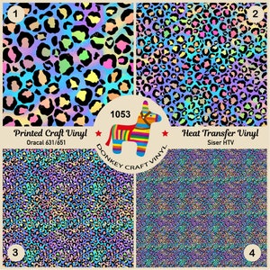 May include: Four samples of iridescent leopard print vinyl, two for printed craft vinyl and two for heat transfer vinyl. The samples are labeled with the brand names Oracal and Siser, and the product numbers 1053, 1, 2, 3, and 4.
