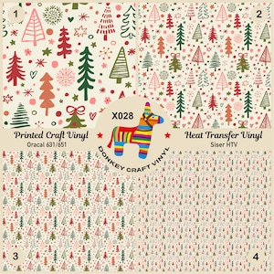 May include: Four Christmas-themed vinyl patterns with various tree designs, snowflakes, and stars in red, green, and brown on a cream background. The image includes text: "Printed Craft Vinyl" and "Heat Transfer Vinyl". A colorful donkey pinata is also featured.