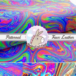 May include: A close-up of a colorful faux leather fabric with a swirling, marbled pattern in shades of blue, green, pink, and orange. The fabric is textured and has a slight sheen. The text "Patterned Faux Leather" is visible in the image.