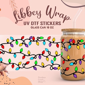 Christmas Lights UV Dtf, Ready to Transfer, Libbey Glass Can Wrap, UV Dtf Cup Wrap, UV Sticker Transfers, 16oz Cup Wrap, UV034