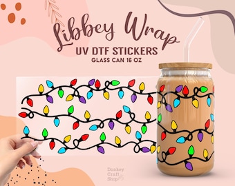 Christmas Lights UV Dtf, Ready to Transfer, Libbey Glass Can Wrap, UV Dtf Cup Wrap, UV Sticker Transfers, 16oz Cup Wrap, UV034