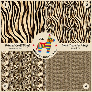 May include: Four samples of zebra print vinyl, two printed craft vinyl and two heat transfer vinyl. The samples are labeled with the brand names Oracal and Siser, and the numbers 1, 2, 3, and 4.