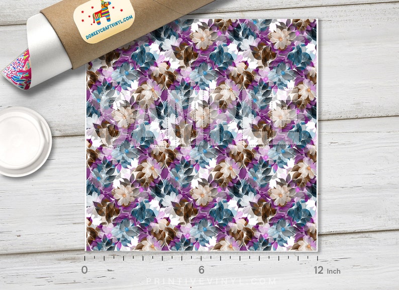 May include: A floral patterned sheet with a watercolor design. The design features purple, blue, and brown flowers and leaves on a white background. The sheet measures 12 inches in length.