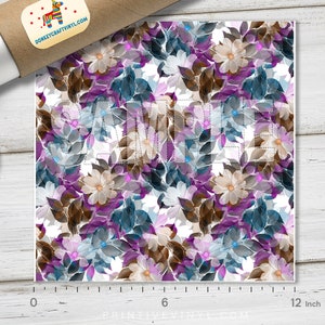 May include: A floral patterned sheet with a watercolor design. The design features white, purple, and blue flowers and leaves on a white background. The sheet measures 12 inches in length.