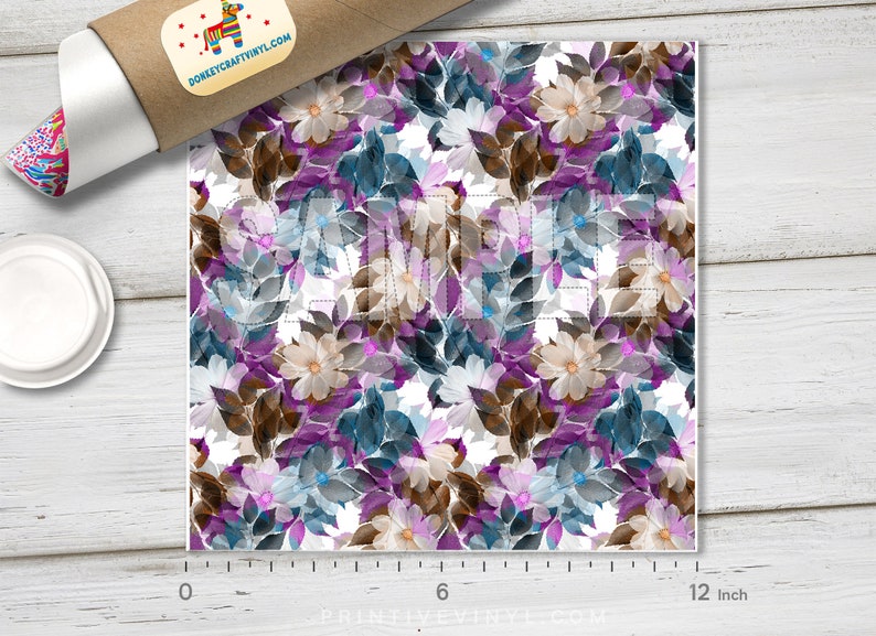 May include: A floral patterned sheet with a watercolor design. The design features white, purple, and blue flowers and leaves on a white background. The sheet measures 12 inches in length.