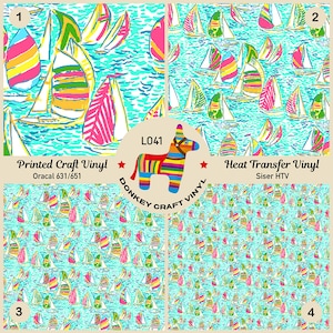 May include: Four different patterns of colourful sailboats on a turquoise blue background. The patterns are labelled 1, 2, 3, and 4. The text "Printed Craft Vinyl Oracal 631/651" and "Heat Transfer Vinyl Siser HTV" are also included in the image.
