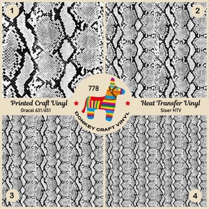 May include: Four samples of snake skin patterned vinyl. The top left sample is labelled "Printed Craft Vinyl" and the top right sample is labelled "Heat Transfer Vinyl". A colourful donkey piñata is in the centre of the image.