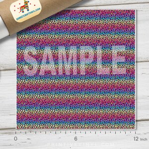 May include: A 12-inch wide sample of rainbow leopard print vinyl with a white background. The vinyl has a repeating pattern of leopard spots in a variety of colors, including pink, blue, yellow, and green. The vinyl is perfect for crafting projects, such as making custom t-shirts, tote bags, and phone cases.