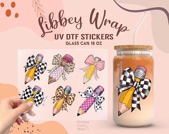 May include: Set of six UV DTF stickers featuring pencil and bow designs in various colours and patterns. The stickers are designed for 16 oz glass cans. The stickers are shown on a clear sheet and on a glass can with a brown beverage.