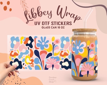 Matisse Boho Floral UV Dtf, Prêt à transférer, Emballage pour canettes en verre Libbey, Emballage pour gobelets Dtf UV, Transferts UV Dtf, Emballage pour gobelets 16 oz UV102