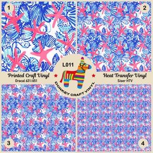 May include: Four patterned vinyl sheets featuring a nautical design with blue seashells, flowers, and pink starfish on a white background. The image includes the text "Printed Craft Vinyl" and "Heat Transfer Vinyl". A colorful donkey logo is also present.