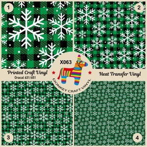 May include: Four samples of craft vinyl with snowflake and plaid patterns in green, black, and white. The image includes the text "Printed Craft Vinyl" and "Heat Transfer Vinyl", along with a colorful donkey logo and the text "X063".