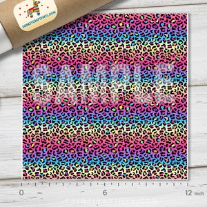 May include: A 12-inch by 12-inch sheet of rainbow leopard print vinyl. The vinyl has a black background with a rainbow pattern of pink, orange, yellow, green, blue, and purple leopard spots.