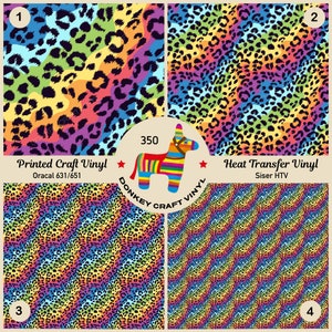 May include: Four different patterns of rainbow leopard print vinyl. The top left pattern is labeled "Printed Craft Vinyl Oracal 631/651". The top right pattern is labeled "Heat Transfer Vinyl Siser HTV". The bottom left pattern is labeled "3" and the bottom right pattern is labeled "4".