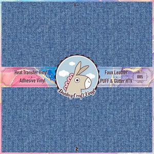 May include: Two sheets of blue denim-patterned vinyl. The top sheet is labeled "Heat Transfer Vinyl" and "Adhesive Vinyl." The bottom sheet is labeled "Faux Leather PUFF & Glitter HTV." A circular logo features a donkey.