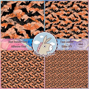 May include: Four patterned squares with a Halloween theme. The patterns feature black bats on an orange and peach background. The image includes text that reads "Heat Transfer Vinyl Adhesive Vinyl" and "Faux Leather Glitter HTV".