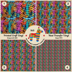 May include: Four colourful patterned vinyl sheets, two with the text "Printed Craft Vinyl Oracal 631/651" and two with the text "Heat Transfer Vinyl Siser HTV". A donkey with a rainbow saddle and the text "949 DONKEY CRAFT VINYL" is in the centre.