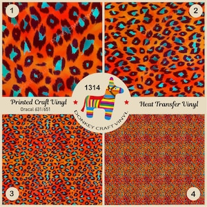 Könnte beinhalten: Vier Muster von Bastelvinyl mit einem Leopardenmuster in Orange, Schwarz und Türkis. Das Bild enthält den Text "Printed Craft Vinyl" und "Heat Transfer Vinyl" sowie eine farbenfrohe Esel-Piñata-Illustration.