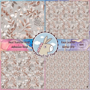 May include: Four different patterns of heat transfer vinyl and faux leather glitter HTV. The patterns are all floral and feature brown and white leaves on a gray background. The text "Heat Transfer Vinyl Adhesive Vinyl" and "Faux Leather Glitter HTV 1591" is visible in the image. The image also includes a cartoon donkey with the text "Donkey Craft Vinyl".