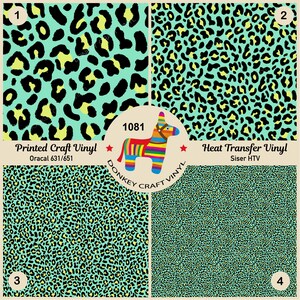 May include: Four squares of leopard print fabric, two are labeled "Printed Craft Vinyl" and "Oracal 631/651" and the other two are labeled "Heat Transfer Vinyl" and "Siser HTV".