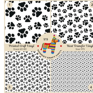 May include: Four sheets of black paw print vinyl, two sheets are printed craft vinyl Oracal 631/651 and two sheets are heat transfer vinyl Siser HTV.