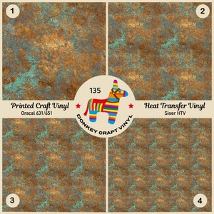 May include: Four samples of vinyl with a rusty metal texture. The top left sample is labeled "Printed Craft Vinyl Oracal 631/651". The top right sample is labeled "Heat Transfer Vinyl Siser HTV". The bottom left sample is labeled "3" and the bottom right sample is labeled "4".