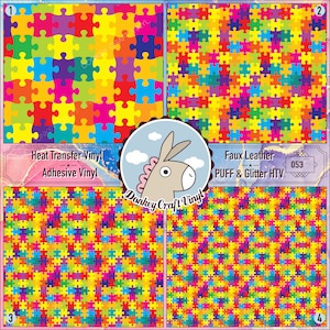 May include: Four colorful puzzle piece patterns, each with a different type of vinyl. The patterns are in shades of red, orange, yellow, green, blue, purple, and pink. The text on the image reads "Heat Transfer Vinyl Adhesive Vinyl" and "Faux Leather PUFF & Glitter HTV 053".