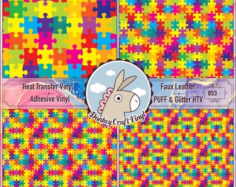 Colorful Autism puzzle Printed Puff Heat transfer Vinyl, Printed Adhesive Vinyl, Craft Vinyl, Printed HTV, Patterned Vinyl, Puff &  651-53