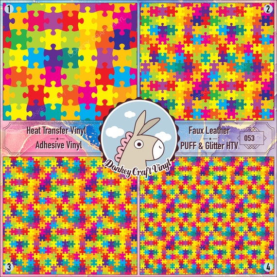 Colorful Autism puzzle Printed Puff Heat transfer Vinyl, Printed Adhesive Vinyl, Craft Vinyl, Printed HTV, Patterned Vinyl, Puff &  651-53
