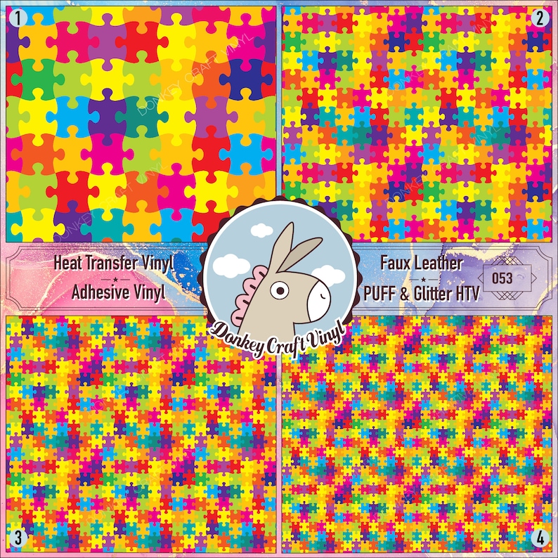 May include: Four colorful puzzle piece patterns, each with a different type of vinyl. The patterns are in shades of red, orange, yellow, green, blue, purple, and pink. The text on the image reads "Heat Transfer Vinyl Adhesive Vinyl" and "Faux Leather PUFF & Glitter HTV 053".