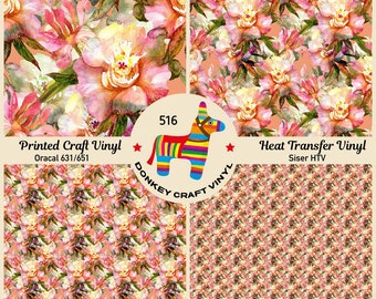Pink watercolor Peonies Printed HTV, Pattern Vinyl, Iron  on Vinyl, Glitter HTV, Puff Heat transfer Vinyl,  Adhesive Craft Vinyl- 516