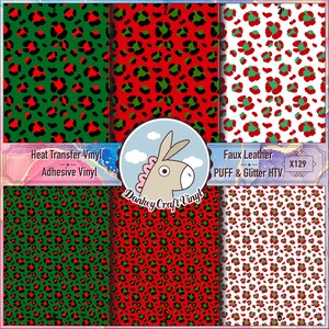 May include: Three sheets of red, green, and white leopard print vinyl with black spots. The vinyl is available in heat transfer, adhesive, and faux leather with puff and glitter.
