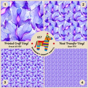 May include: Four samples of craft vinyl with floral patterns in shades of purple and pink. The samples are labeled as "Printed Craft Vinyl" and "Heat Transfer Vinyl". A colorful donkey pinata logo is in the center.