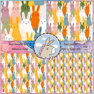 May include: Four patterned fabric samples featuring colorful bunny designs. The samples include heat transfer vinyl, adhesive vinyl, and faux leather. The Donkey Craft Vinyl logo is in the center. The designs include bunnies in various colors.