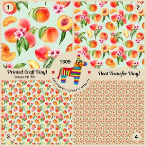 May include: Four different peach designs on a light blue background. The designs are for printed craft vinyl and heat transfer vinyl. The text "Printed Craft Vinyl" and "Oracal 631/651" are at the top of the image. The text "Heat Transfer Vinyl" is at the bottom of the image. The text "1309" and "DONKEY CRAFT VINYL" are in the centre of the image.