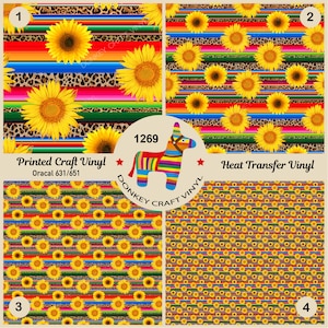 May include: Four colorful digital designs featuring a repeating pattern of yellow sunflowers on a red, yellow, and green striped background. The designs are labeled 1, 2, 3, and 4. The text "Printed Craft Vinyl Oracal 631/651" and "Heat Transfer Vinyl" are also included in the image.
