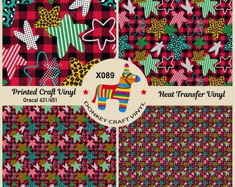 Christmas Tartan Plaid Snowflake Printed HTV, Pattern Vinyl, Iron on Vinyl, Pattern HTV, Heat Transfer Vinyl, Adhesive Craft Vinyl- X089