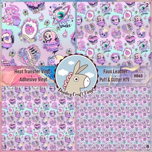 May include: Four sheets of decorative vinyl with a pastel goth theme. Each sheet features a repeating pattern of skulls, eyeballs, and other spooky elements. The text "Heat Transfer Vinyl", "Adhesive Vinyl", "Faux Leather", and "Puff & Glitter HTV" is visible.