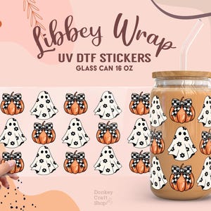 May include: A set of 16 oz. glass can wraps featuring a Halloween theme with ghosts and pumpkins. The wraps are UV DTF stickers, which are durable and waterproof. The stickers are designed to be applied to glass cans.