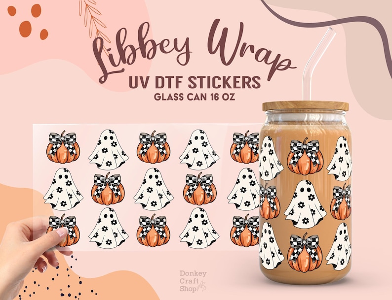 May include: A set of 16 oz. glass can wraps featuring a Halloween theme with ghosts and pumpkins. The wraps are UV DTF stickers, which are durable and waterproof. The stickers are designed to be applied to glass cans.