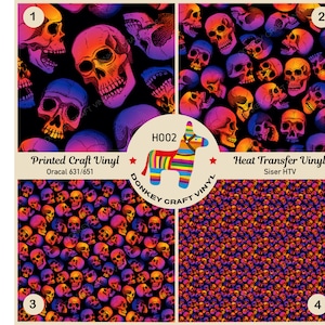 Może przedstawiać: Cyfrowy arkusz z czterema różnymi wzorami kolorowych, gradientowych czaszek na czarnym tle. Wzory są oznaczone od 1 do 4. Tekst "Printed Craft Vinyl" i "Oracal 631/651" znajduje się w lewym górnym rogu. Tekst "Heat Transfer Vinyl" i "Siser HTV" znajduje się w prawym górnym rogu. Tekst "H002" i "DONKEY CRAFT VINYL" znajduje się w środku arkusza.
