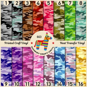 May include: A set of 16 camouflage patterned vinyl sheets. The first 8 sheets are labeled "Printed Craft Vinyl" and the last 8 sheets are labeled "Heat Transfer Vinyl". The sheets are numbered 1 through 16.