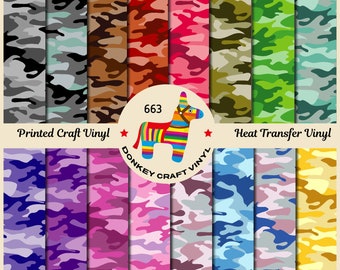 Colored Military Camouflage Pattern Printed HTV, Iron on  Faux leather, Puff Heat transfer Vinyl, Glitter HTV,  Adhesive Craft Vinyl- 663