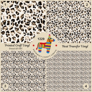 May include: Four samples of leopard print vinyl, two are printed craft vinyl and two are heat transfer vinyl. The samples are labeled 1 through 4. The vinyl is available in Oracal 631/651. The image also includes a donkey logo with the text "Donkey Craft Vinyl" and the number 1229.
