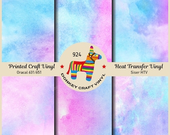 May include: Six different watercolour backgrounds in shades of blue, pink, and purple. The backgrounds are labelled with numbers 1 through 6. The centre background has a donkey pinata with the text "924 Donkey Craft Vinyl" and the words "Printed Craft Vinyl Oracal 631/651" and "Heat Transfer Vinyl Siser HTV" are at the top of the left and right backgrounds respectively.